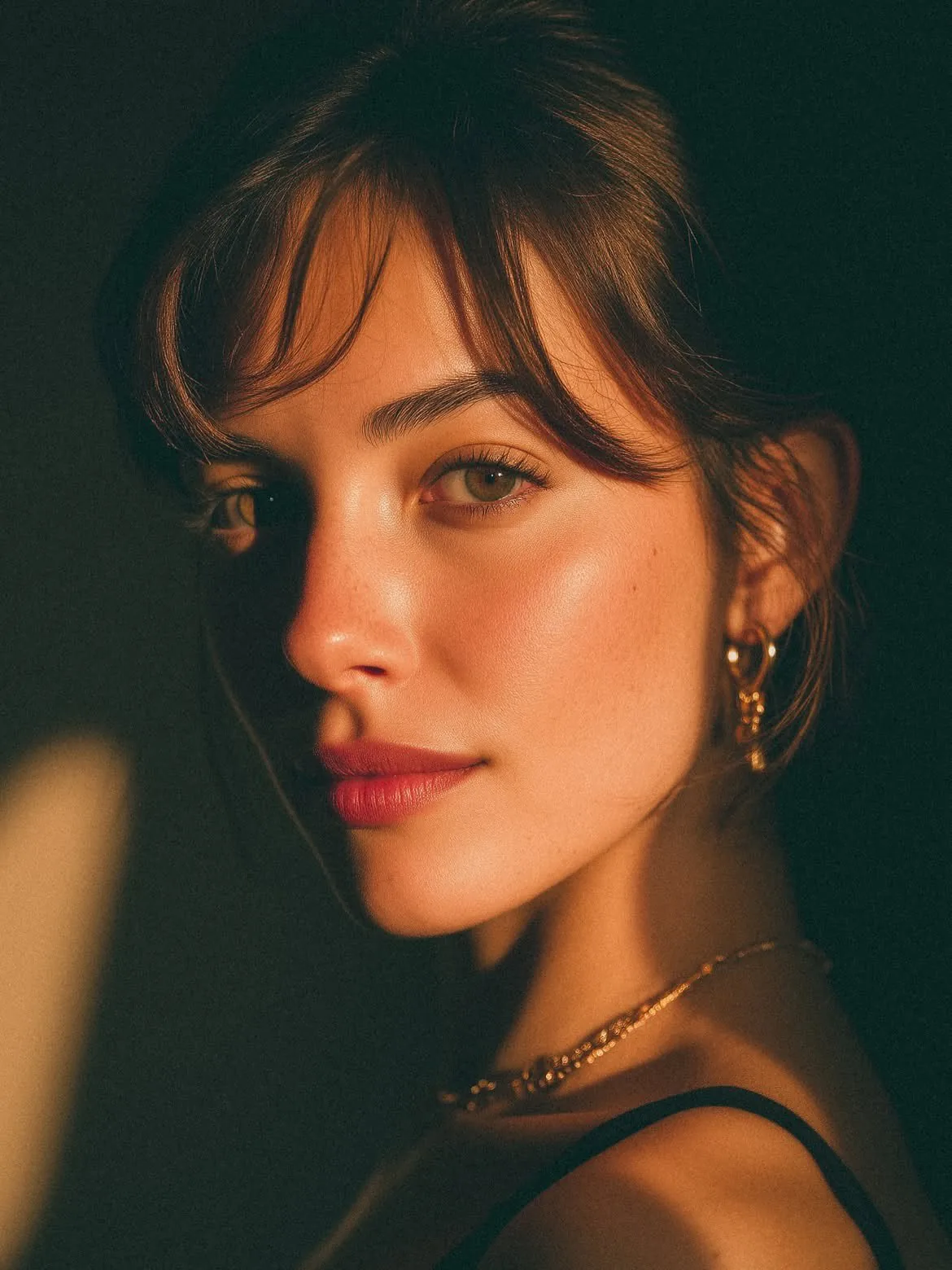 An ultra-realistic cinematic close-up portrait of a beautiful young woman...