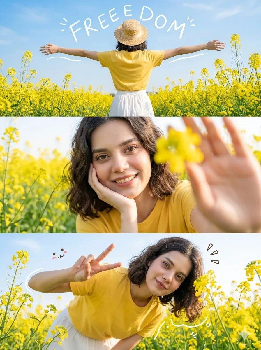 Bright, cheerful outdoor photoshoot in a blooming yellow mustard flower f...