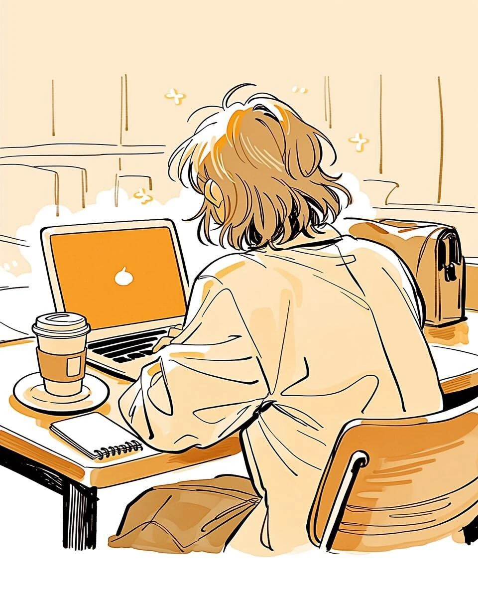 Minimalist cozy anime café illustration, soft beige and warm caramel colo...