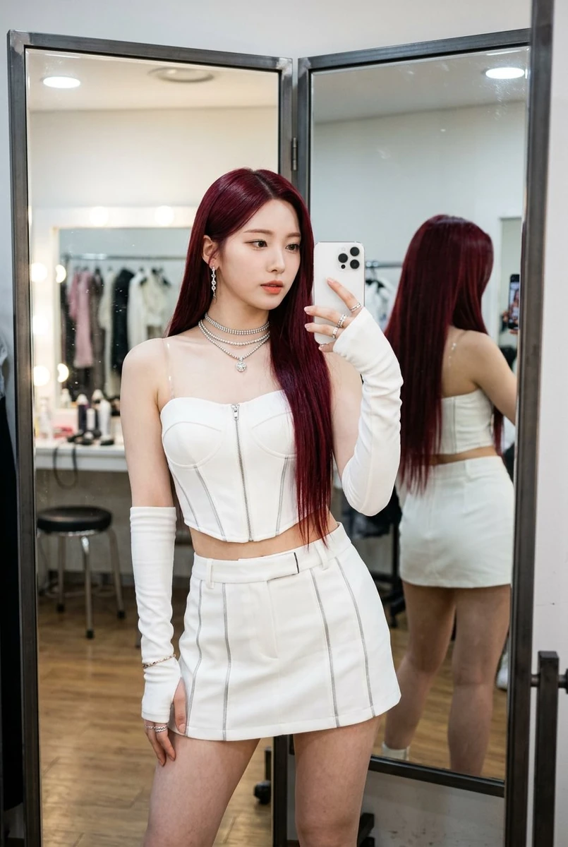 Young Asian female (K-pop idol aesthetic), pale porcelain skin, long stra...