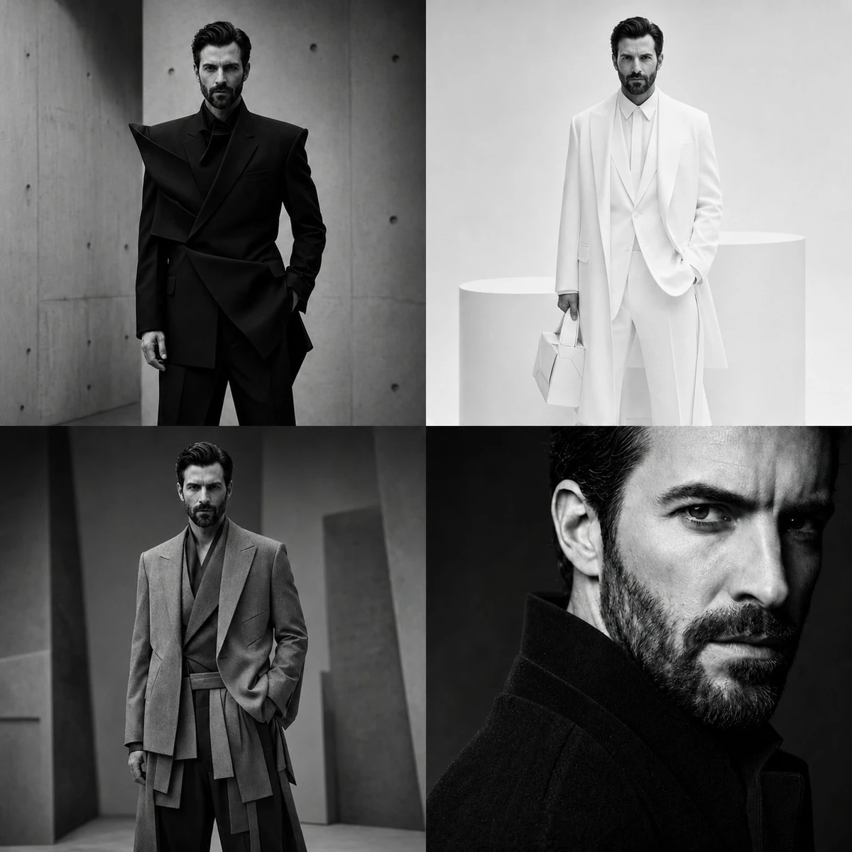 4-panel Vogue magazine grid collage, SAME male model in every frame with...