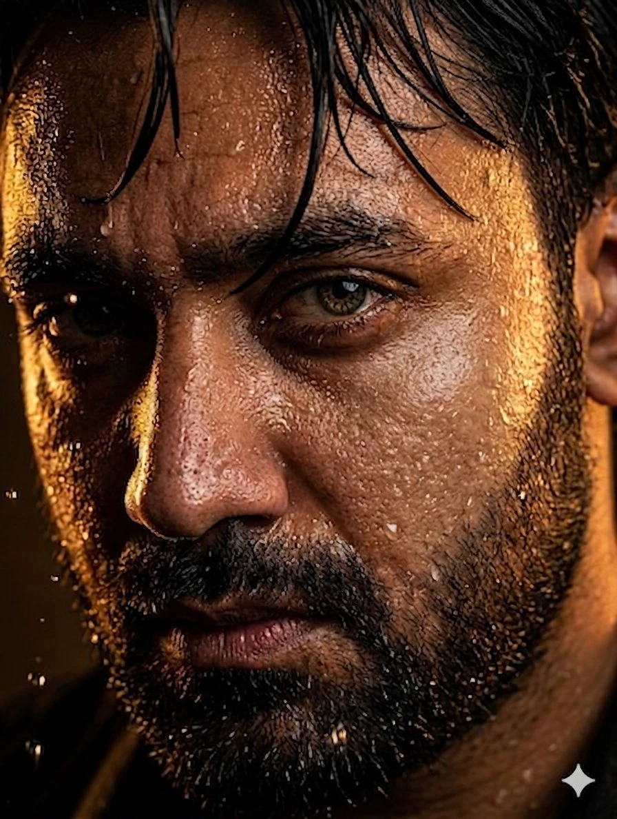 A macro cinematic 8K portrait of a rugged man, focusing on the intense, s...
