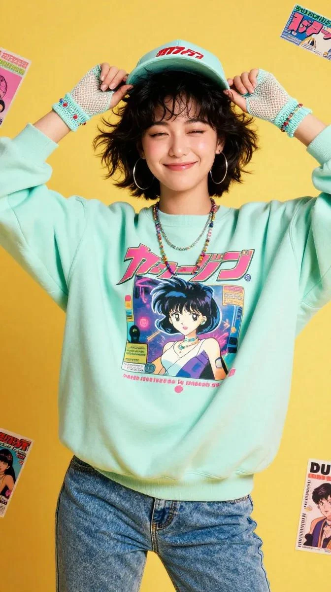 Cute kawaii Japanese fashion photoshoot, cheerful Asian girl with short f...