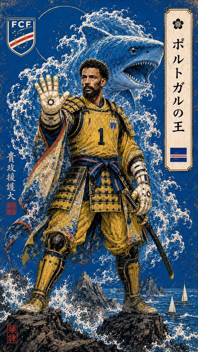 Epic Japanese ukiyo-e inspired sports poster featuring a legendary footba...