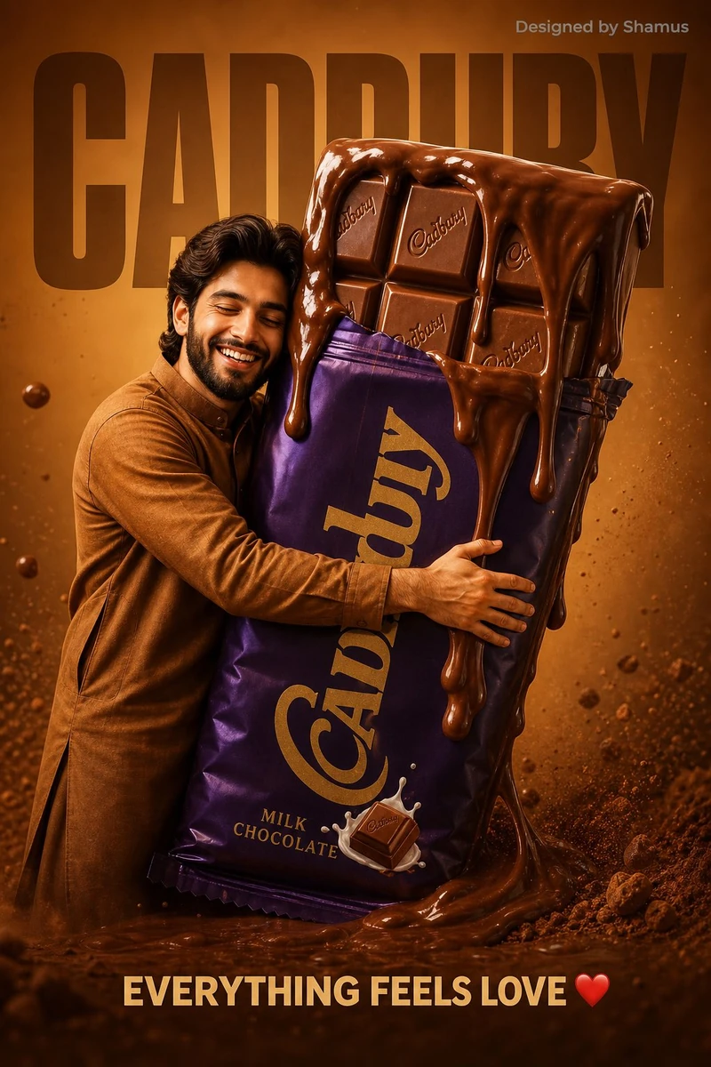 playful food advertisement poster. A happy young KASHMIRI MAN in a carame...
