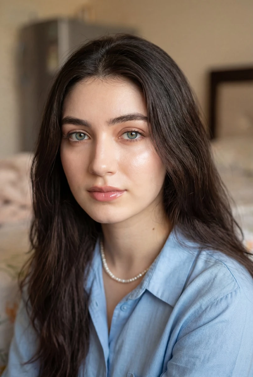 Ultra-realistic close-up portrait of a young woman with light skin, blue-...