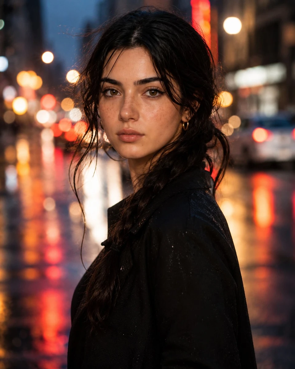A hyperrealistic close-up portrait of a beautiful young woman standing in...