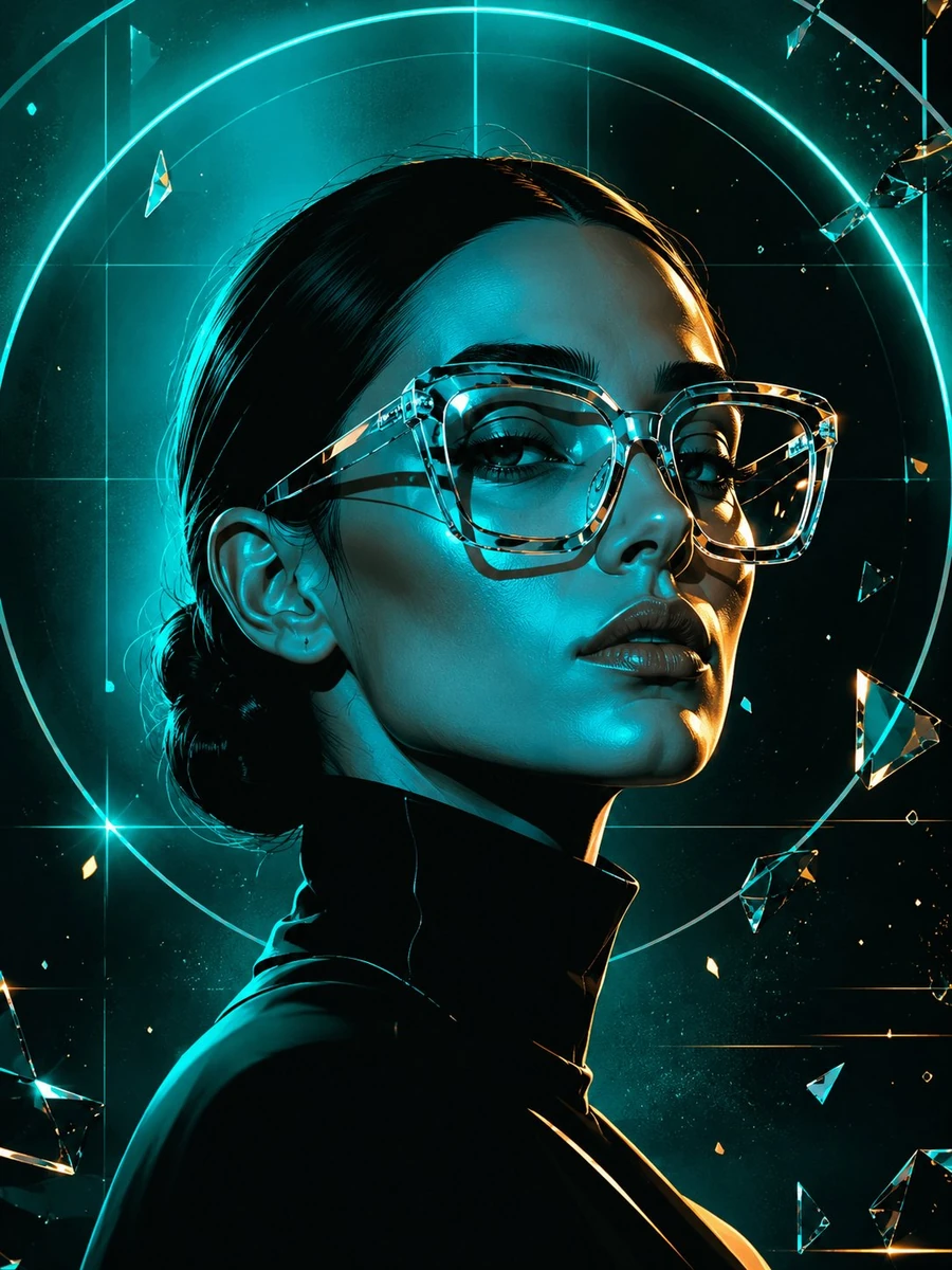 Ultra-realistic futuristic cyberpunk portrait of a confident young woman...