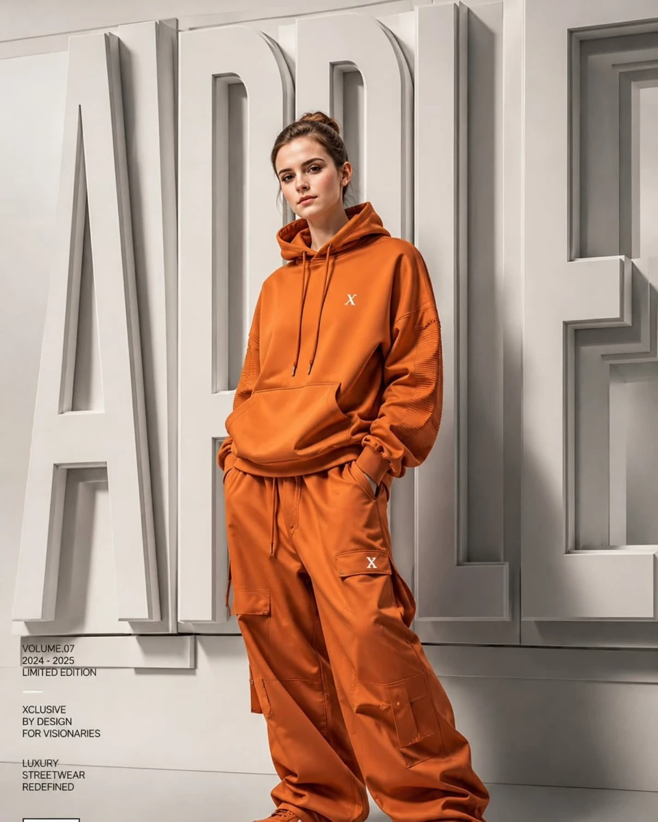 A high-end fashion campaign poster featuring a young model standing confi...
