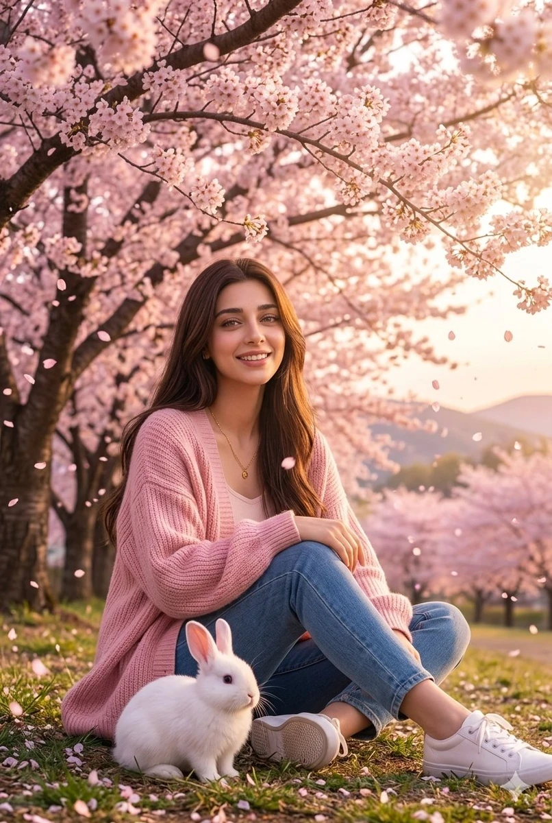 Hyper-realistic photograph of a beautiful young woman sitting beneath blo...