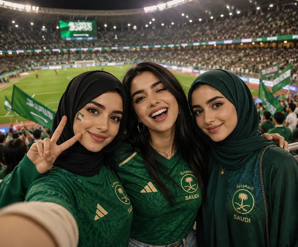Three beautiful young women football fans taking a selfie inside a packed...