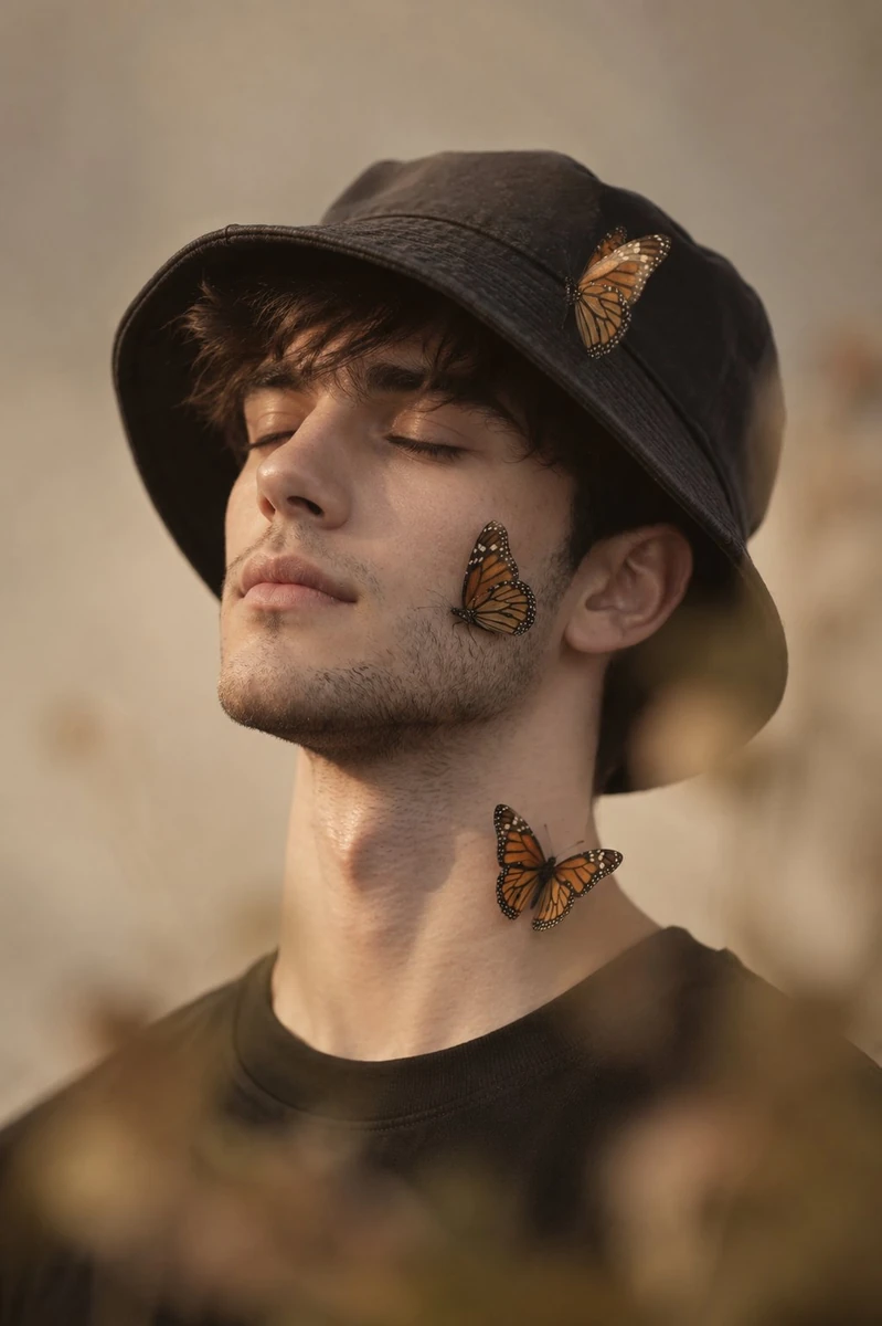 Vibe: soft cinematic fashion · eyes closed · dreamy editorial