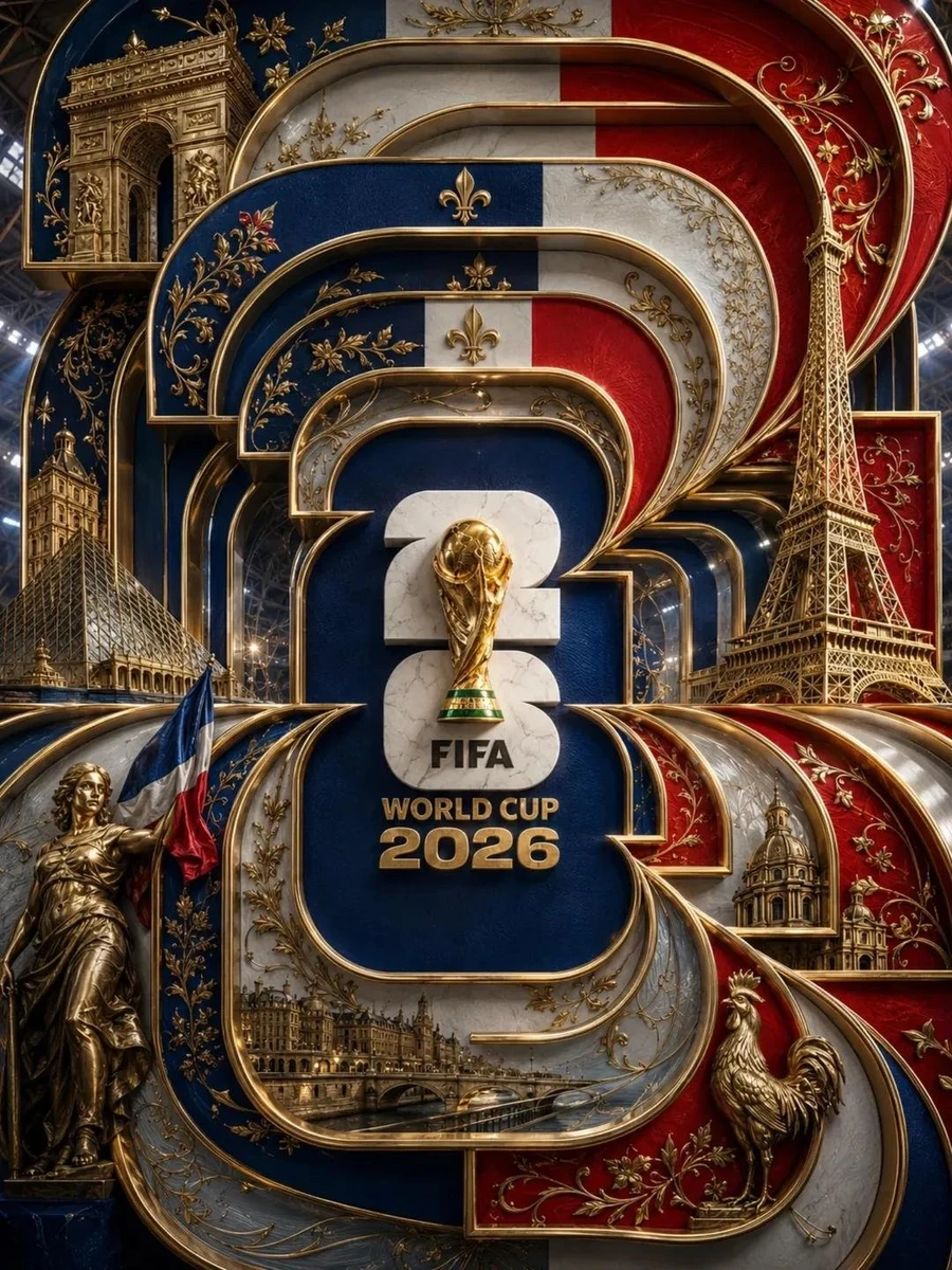 Ultra-detailed luxury 3D FIFA World Cup 2026 France poster. Massive layer...