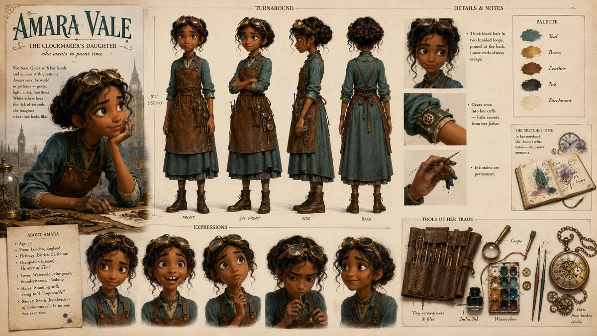 Character design sheet A highly detailed Pixar-style 3d animated characte...