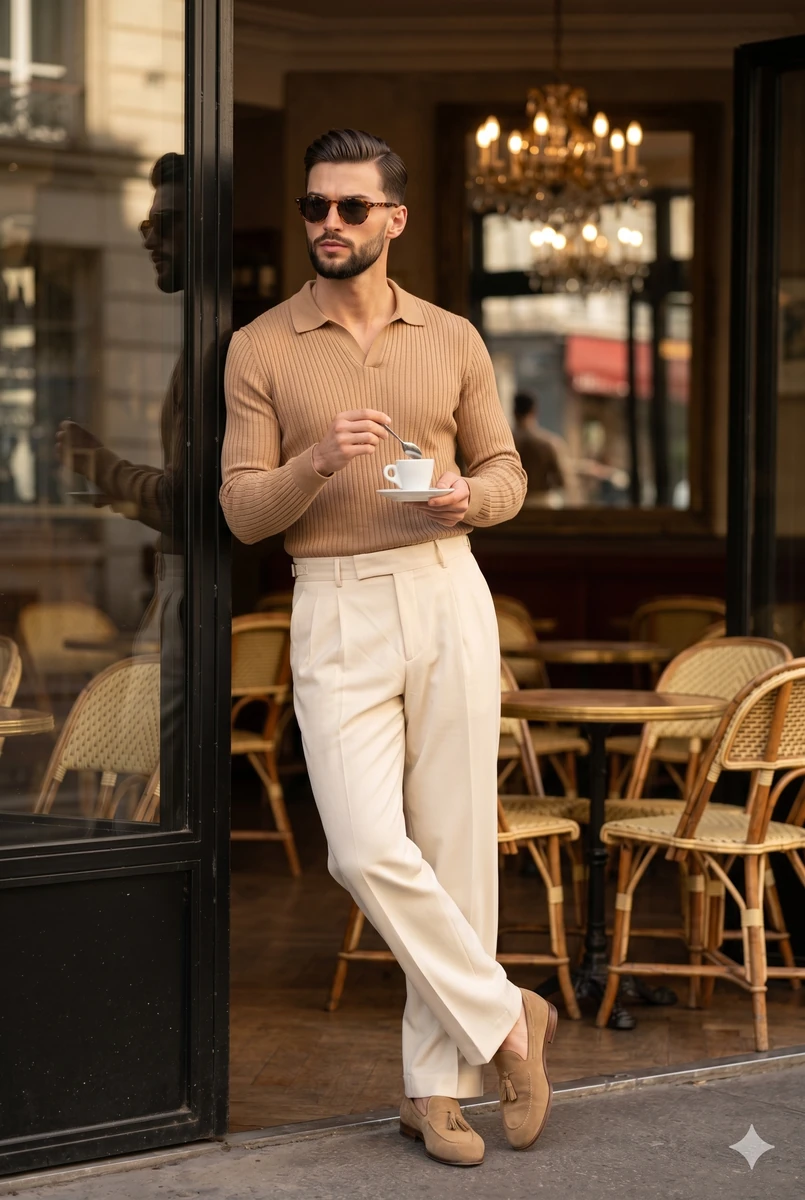 A stylish adult male stands casually anchored to the left of the frame, s...