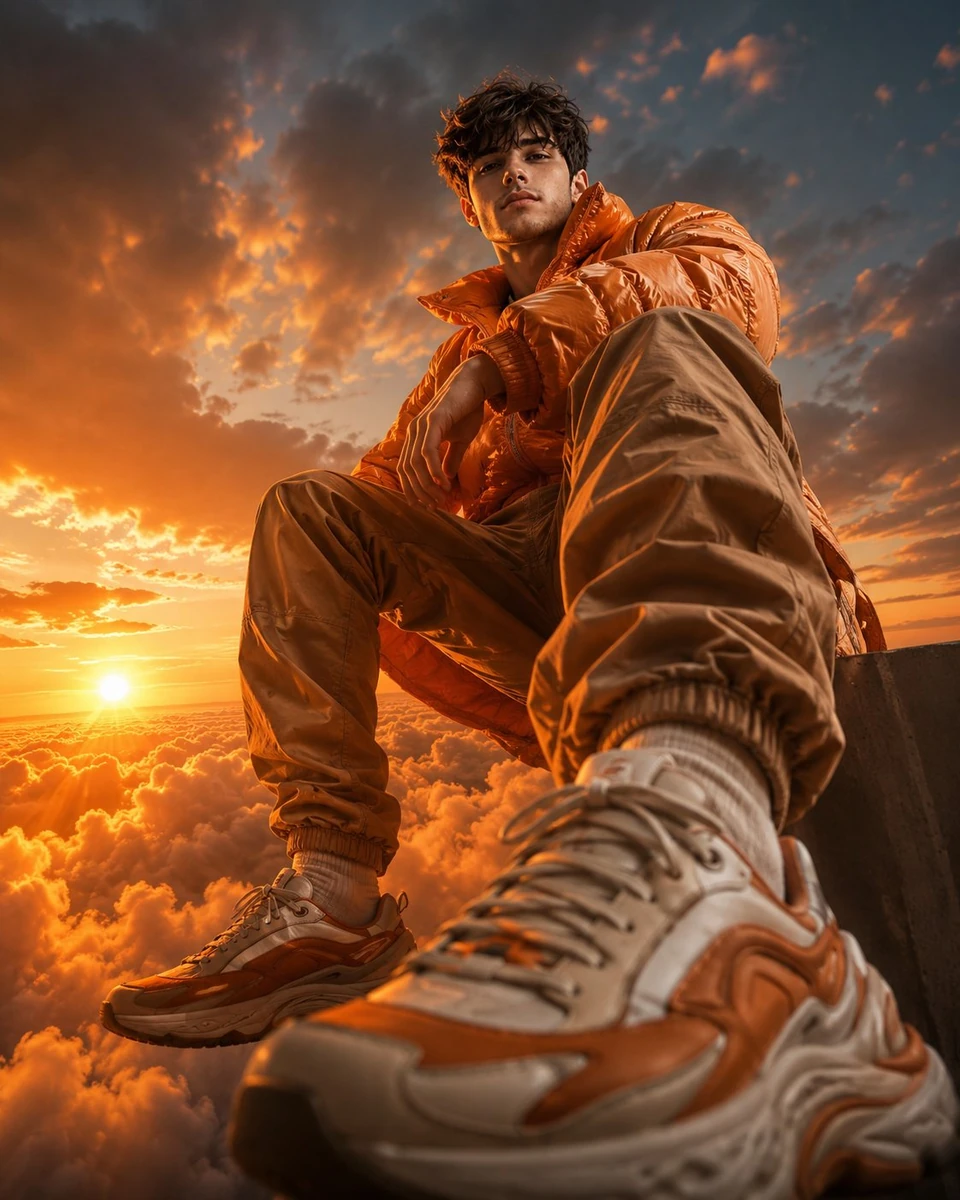 Luxury streetwear model seated above glowing orange clouds, captured from...