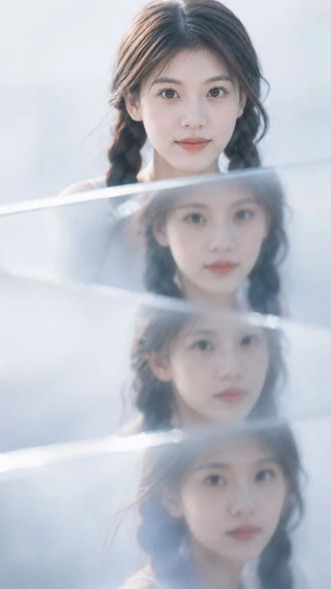 A cold misty glass-reflection portrait