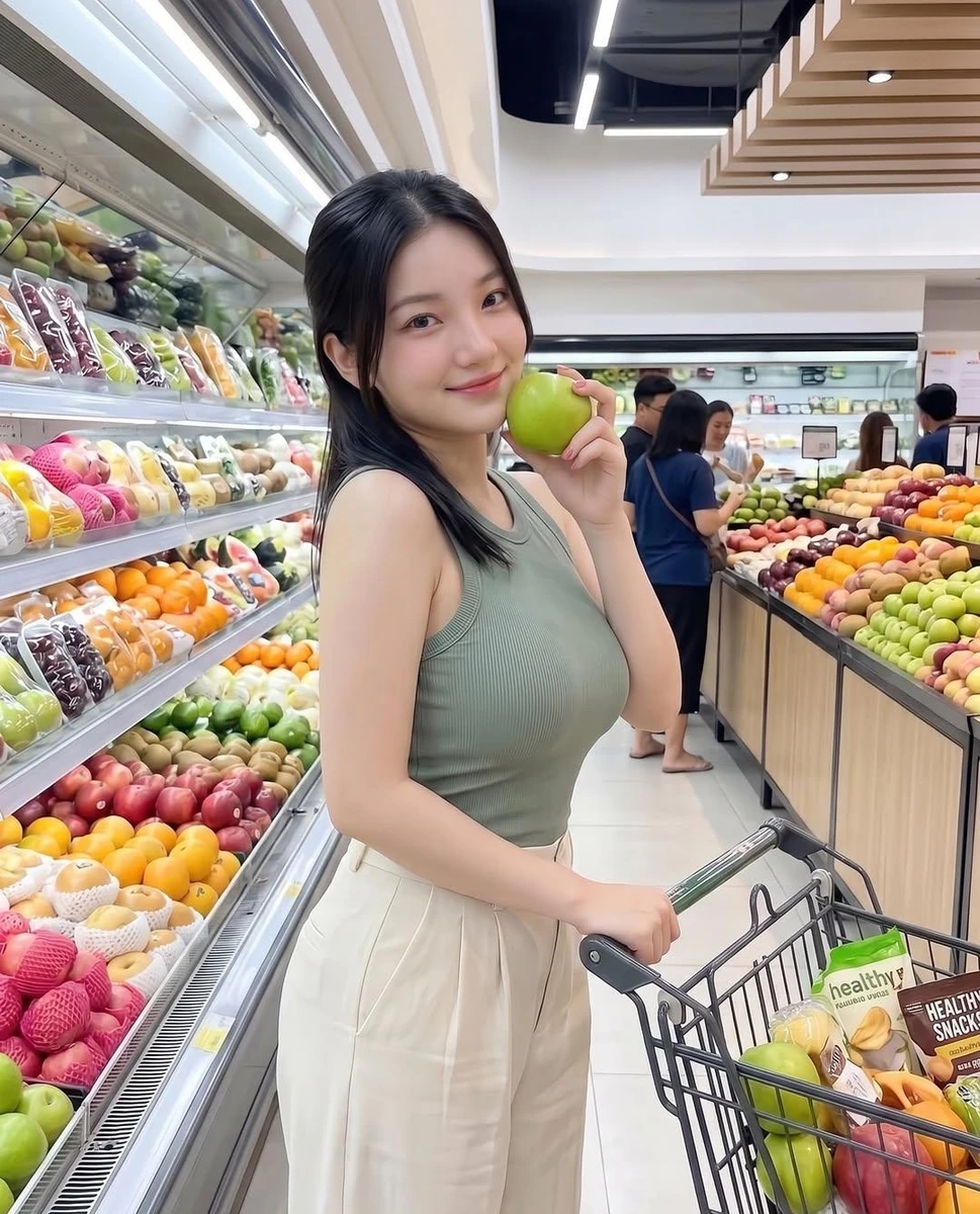 A young woman shopping in a modern grocery store produce section, holding...
