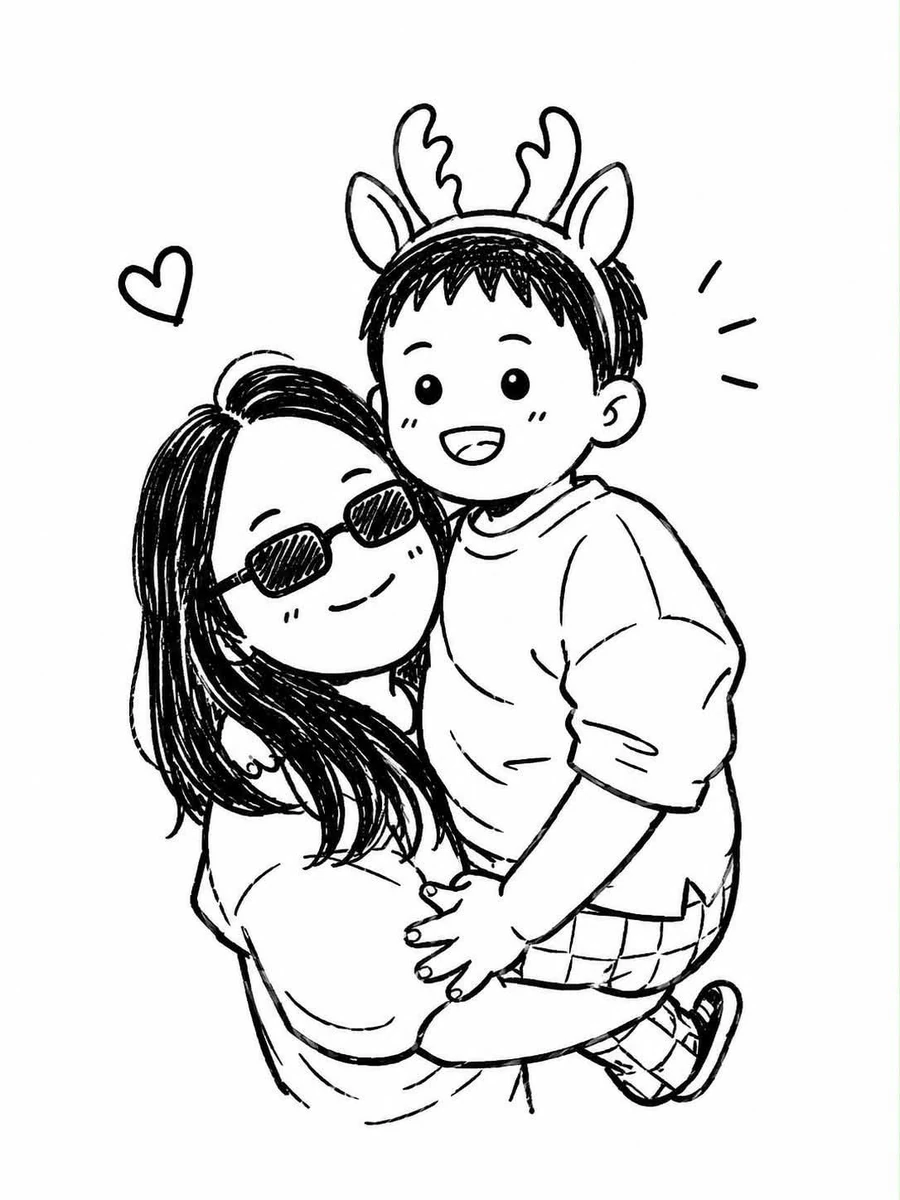 Transform the uploaded photo into a cute black-and-white hand-drawn chibi...
