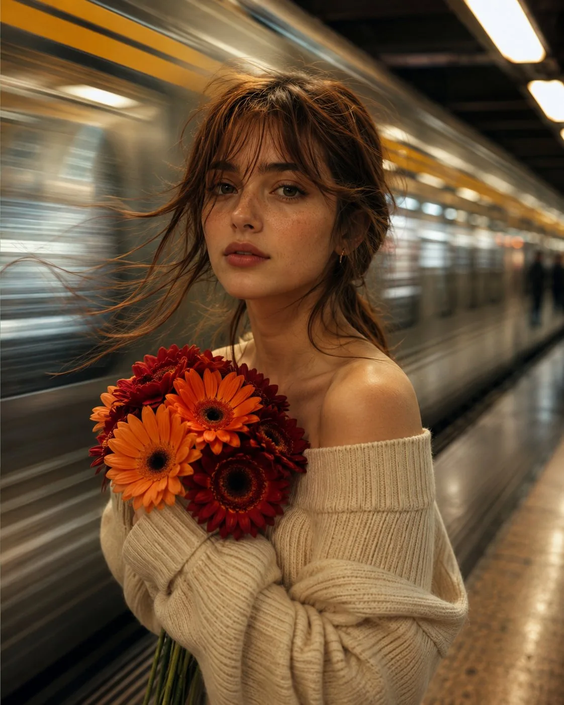 A cinematic, ultra-realistic, high-fidelity portrait of a young woman sta...