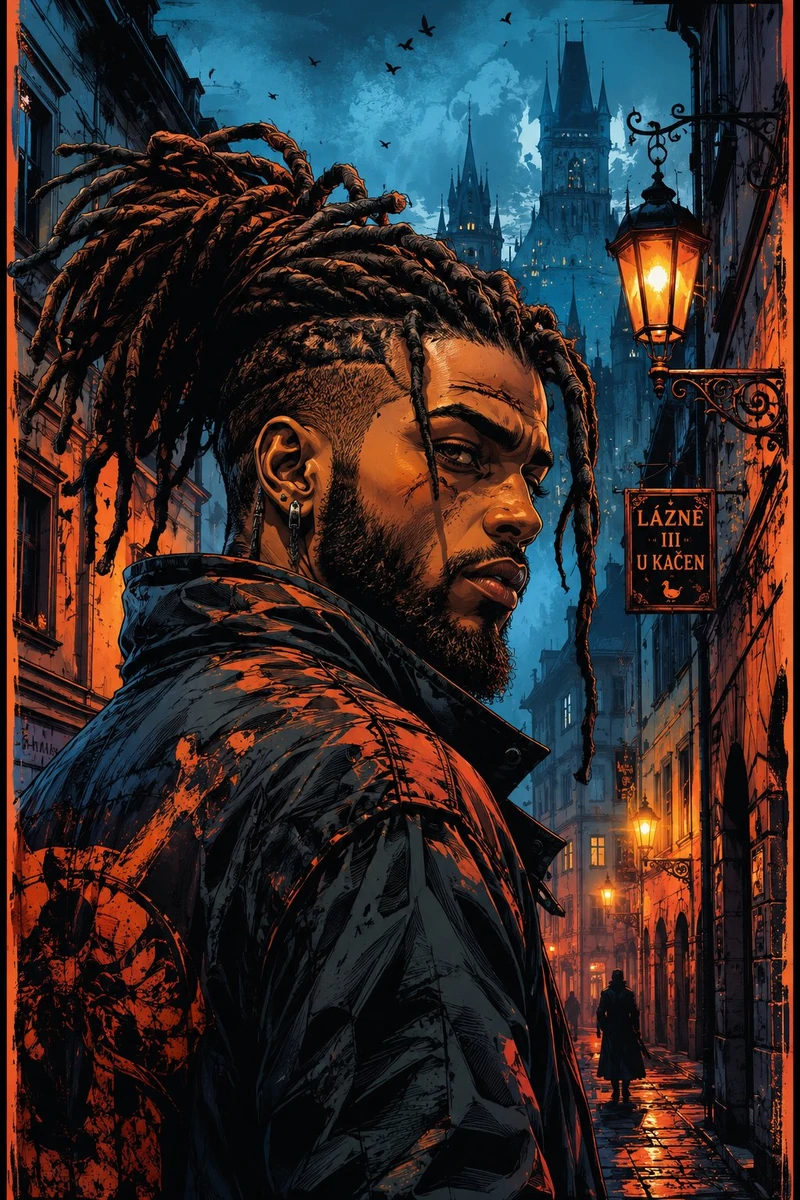 “A cinematic cyber-noir portrait of a rugged young man with thick dreadlo...