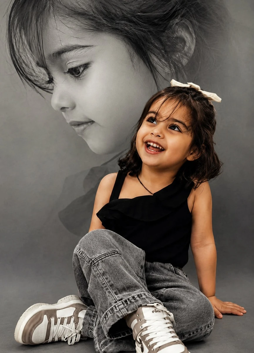 Ultra-realistic professional studio portrait of a happy little girl (arou...