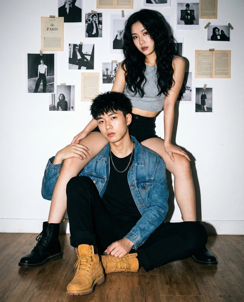 Young Asian couple, cool/edgy fashion models.",
