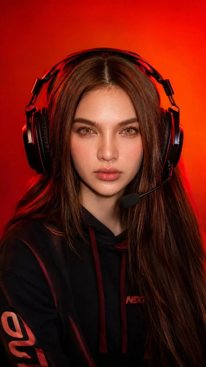 Ultra-realistic studio portrait of a beautiful young female gamer wearing...