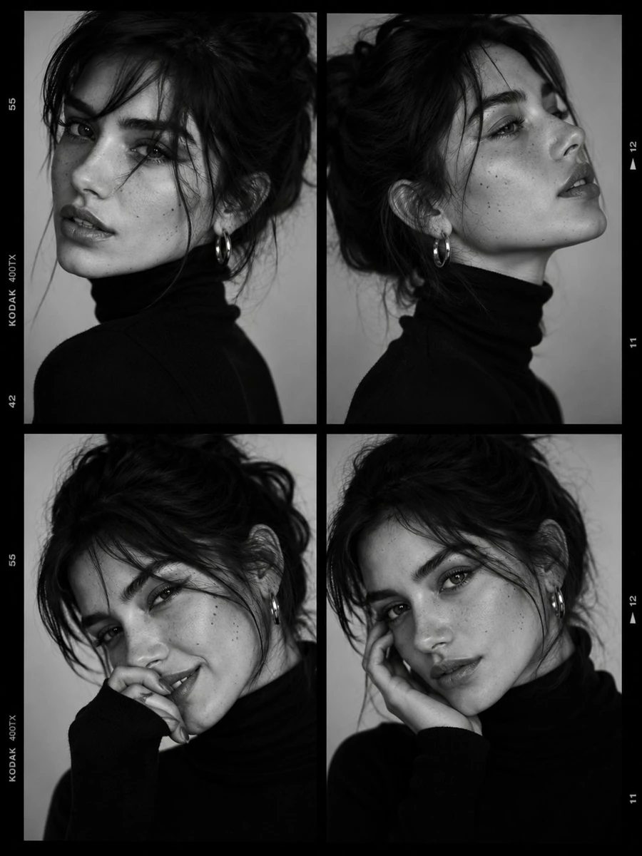 Ultra-viral black-and-white luxury fashion casting contact sheet portrait...