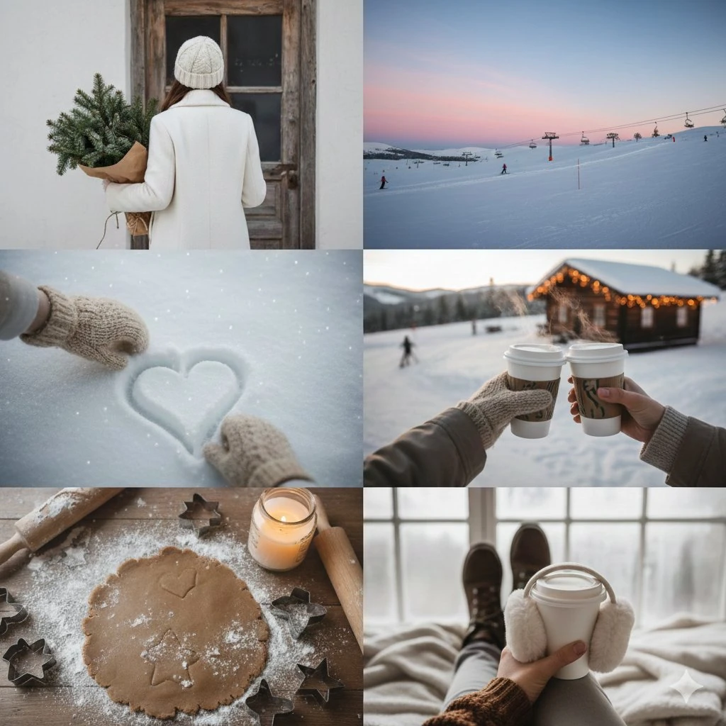 A cohesive 6-panel aesthetic photo collage (2 columns by 3 rows) capturin...