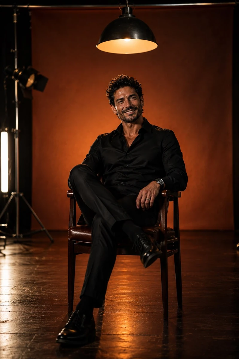 Ultra-realistic luxury studio portrait of a confident man seated on a vin...
