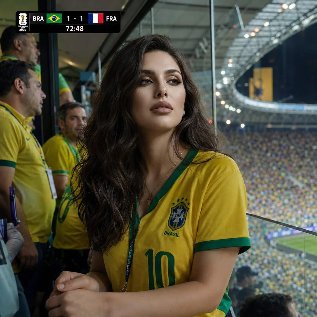 Photorealistic FIFA World Cup 2026 live broadcast cutaway inside a VIP st...