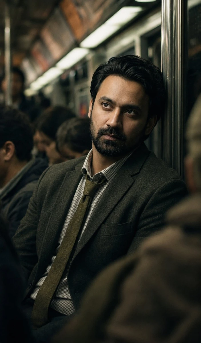 A hyper-realistic cinematic candid-style portrait of a man seated inside...