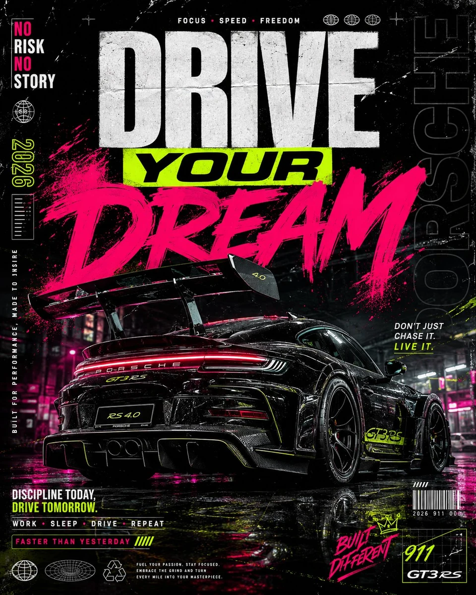 Ultra-premium automotive streetwear poster design featuring a black wideb...
