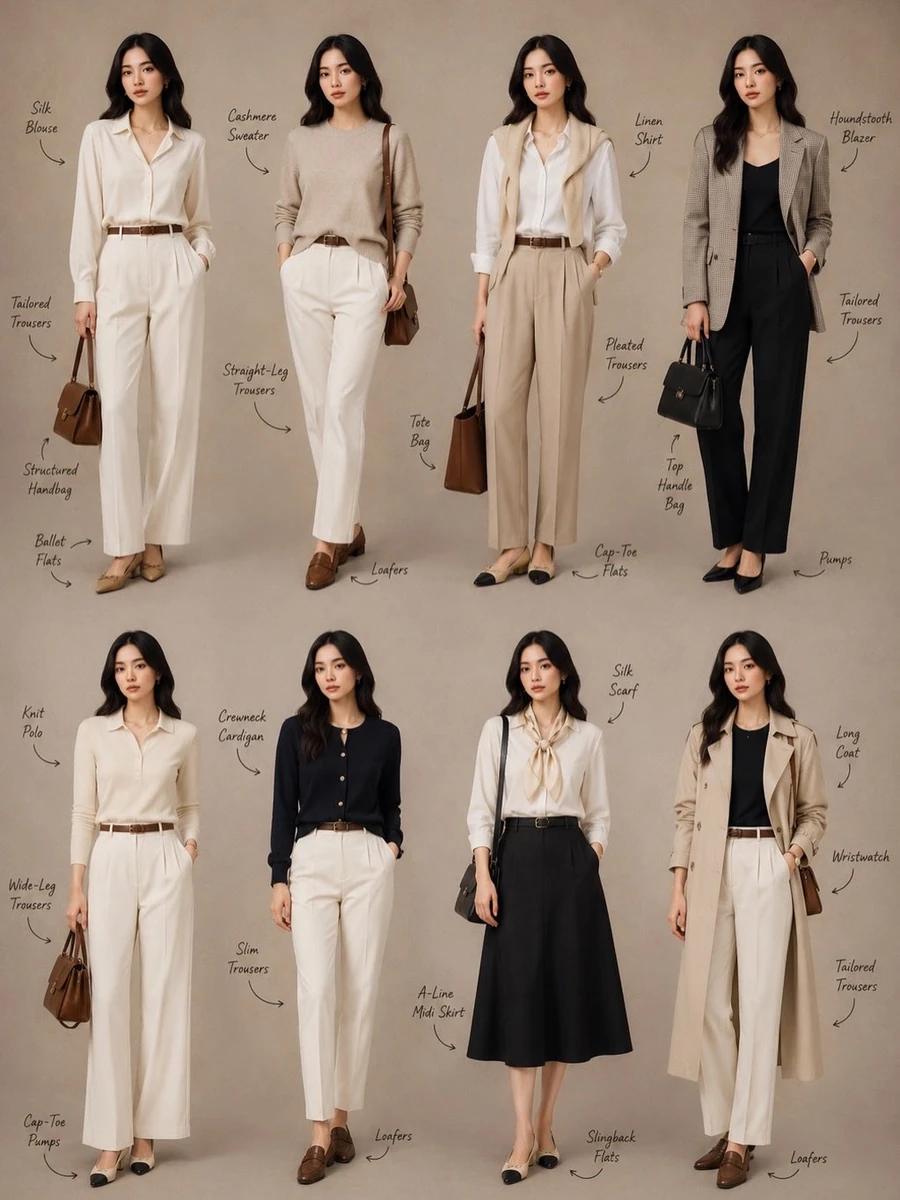 Minimalist fashion lookbook collage featuring 8 full-body female models s...