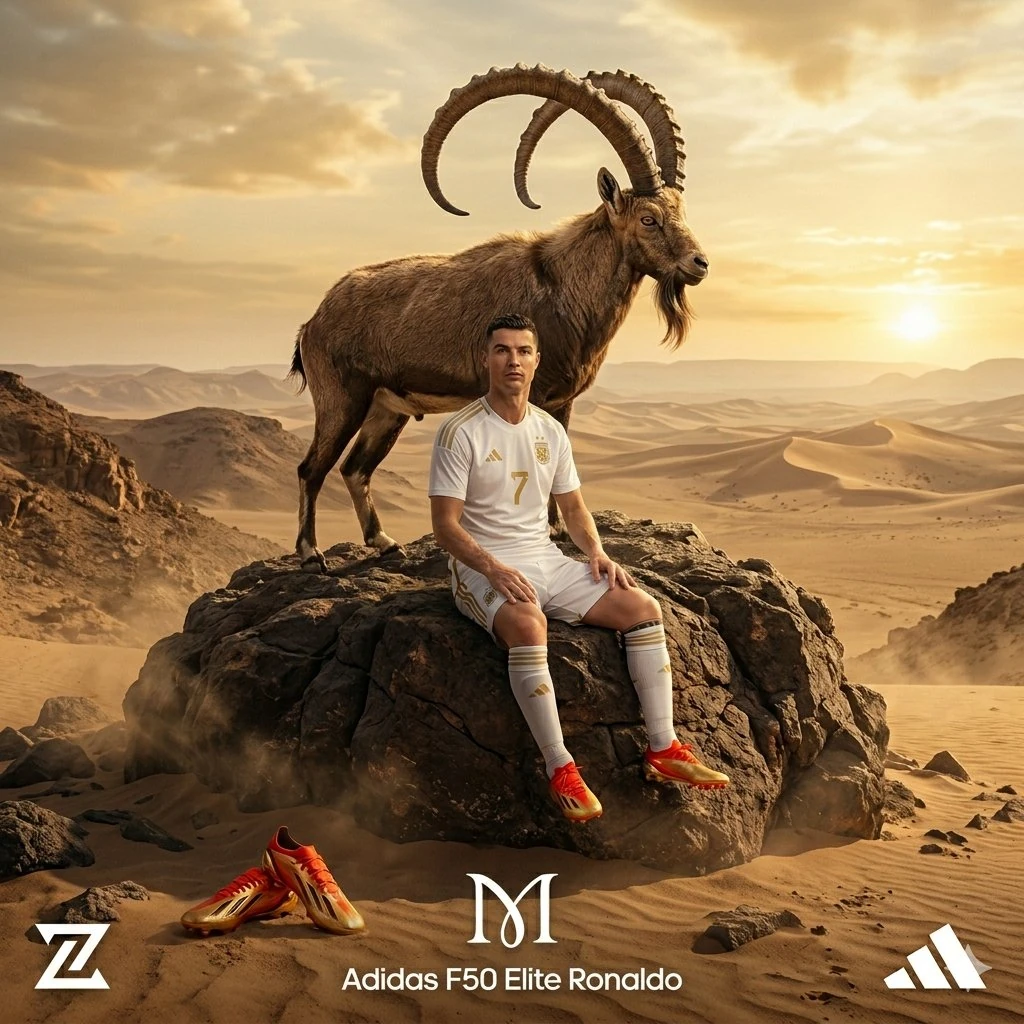 A cinematic luxury sports advertisement scene in a golden desert at sunse...