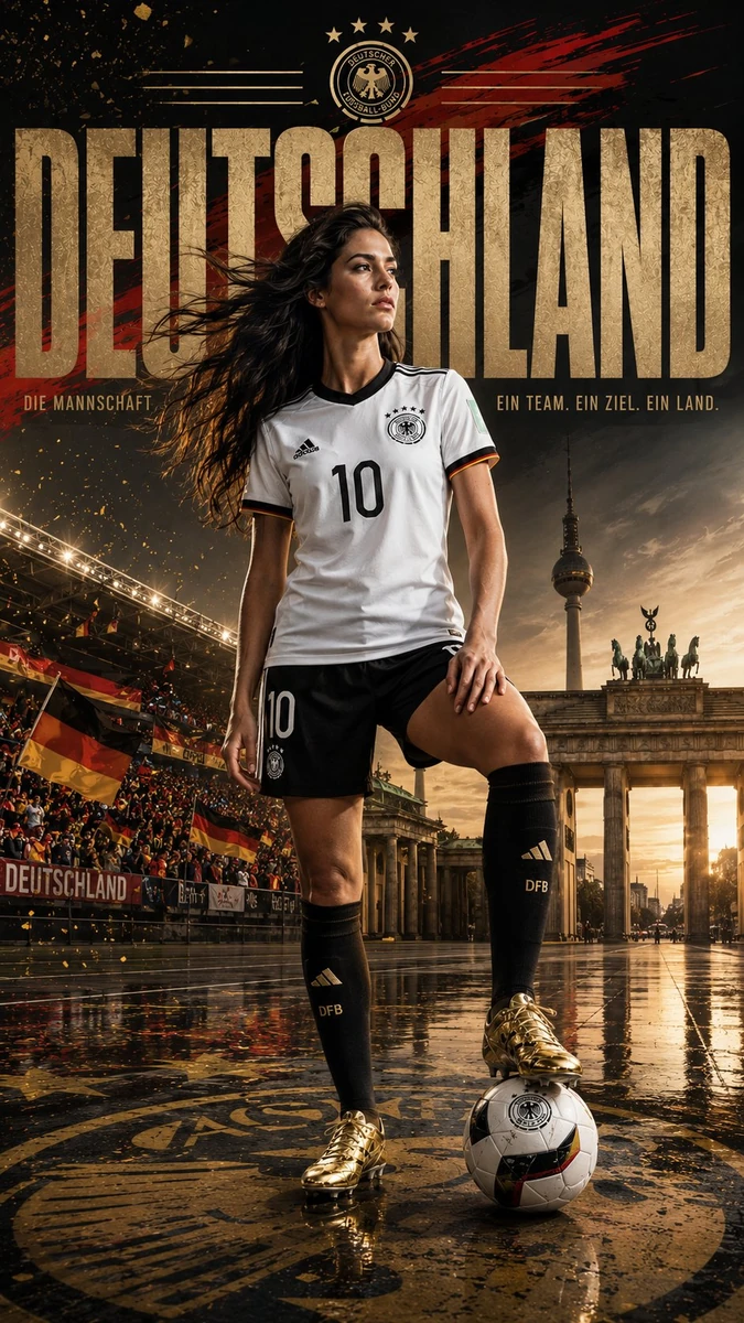 Ultra-realistic premium football campaign poster featuring a full-body fe...