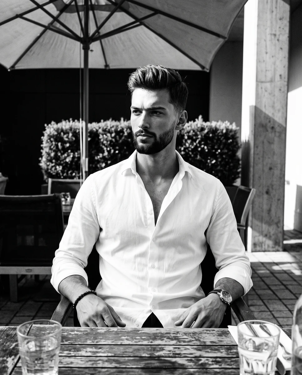 A man sits centered facing the camera with relaxed shoulders, portraying...