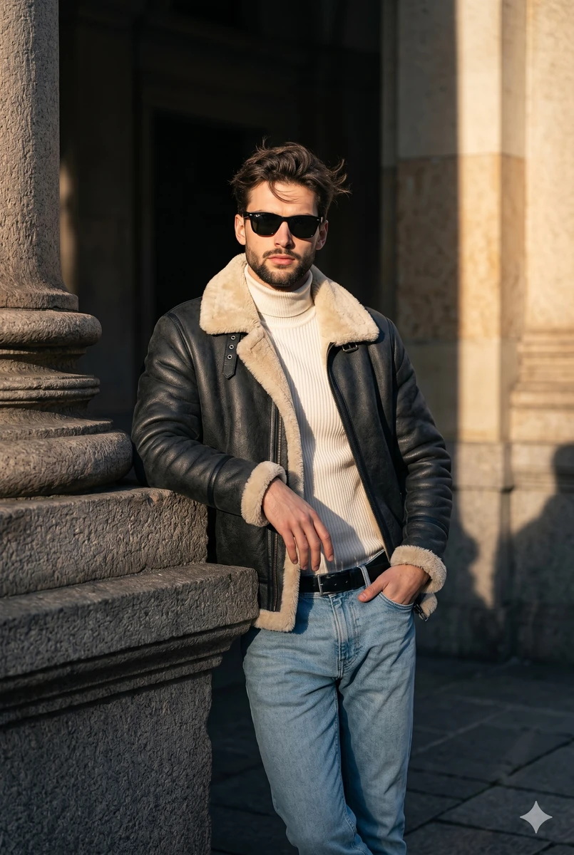 A handsome young adult male stands center-left in a confident, stylized p...