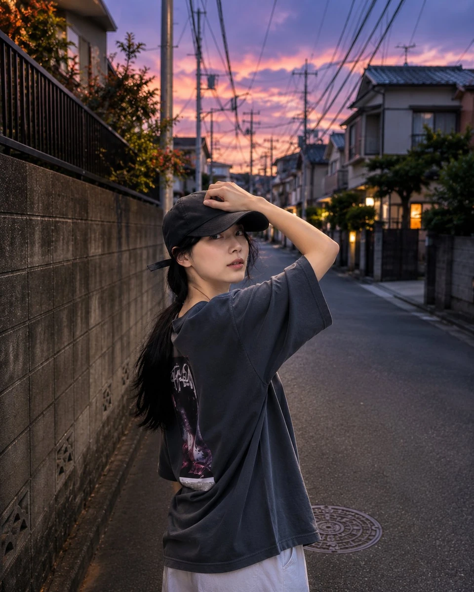 A hyper-realistic candid street portrait of a beautiful young East Asian...