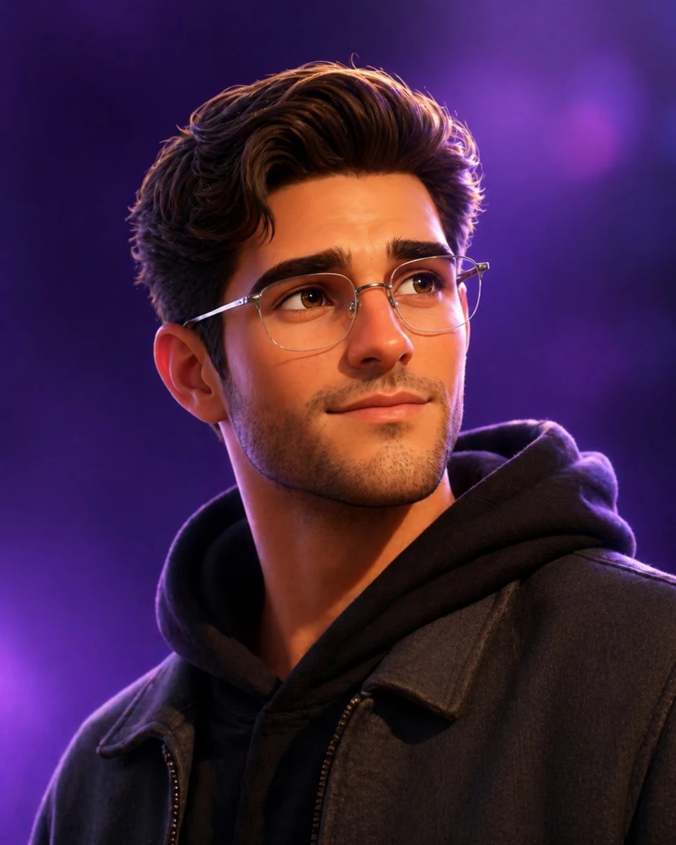 Ultra-stylized Pixar-inspired 3D portrait of a young man with a defined j...