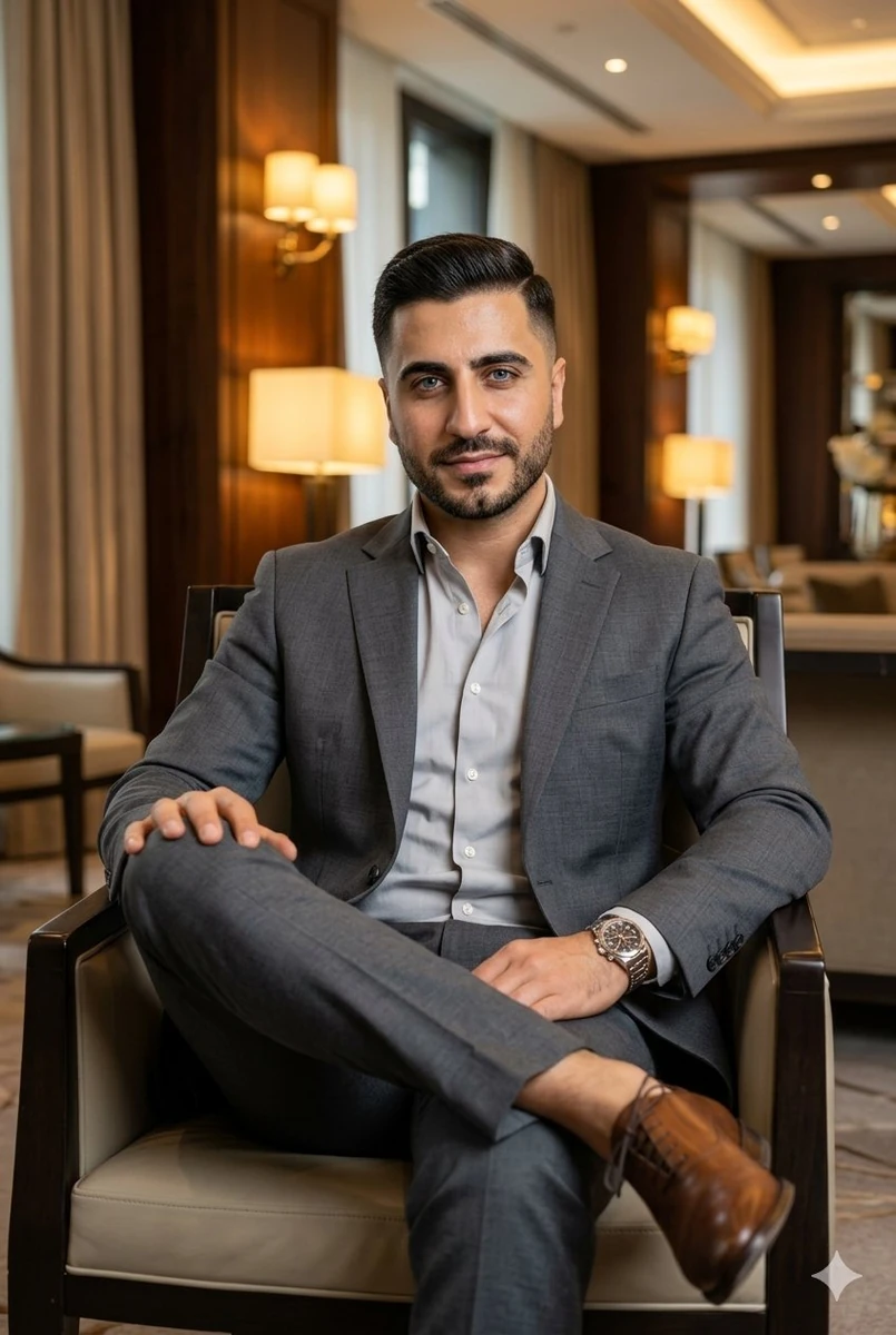 A confident handsome Pakistani man in his early 30s, sharp facial feature...