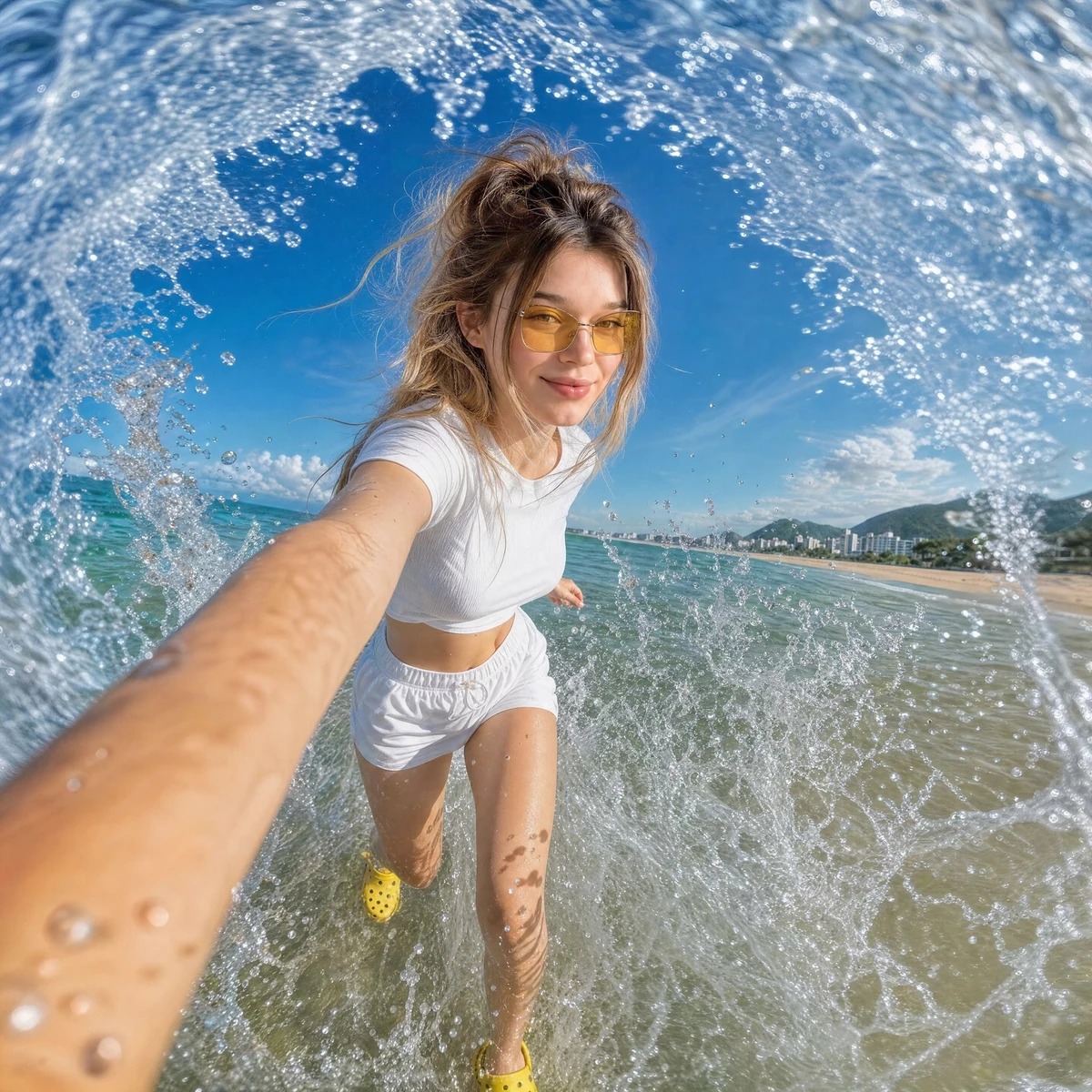 A low-angle, wide-angle dynamic action selfie of a young woman with long...