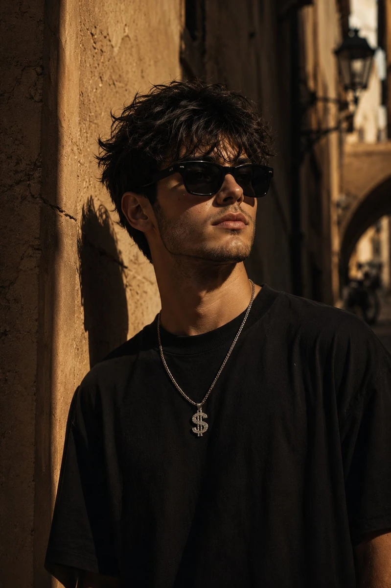 Ultra cinematic street fashion portrait of a stylish young man standing i...