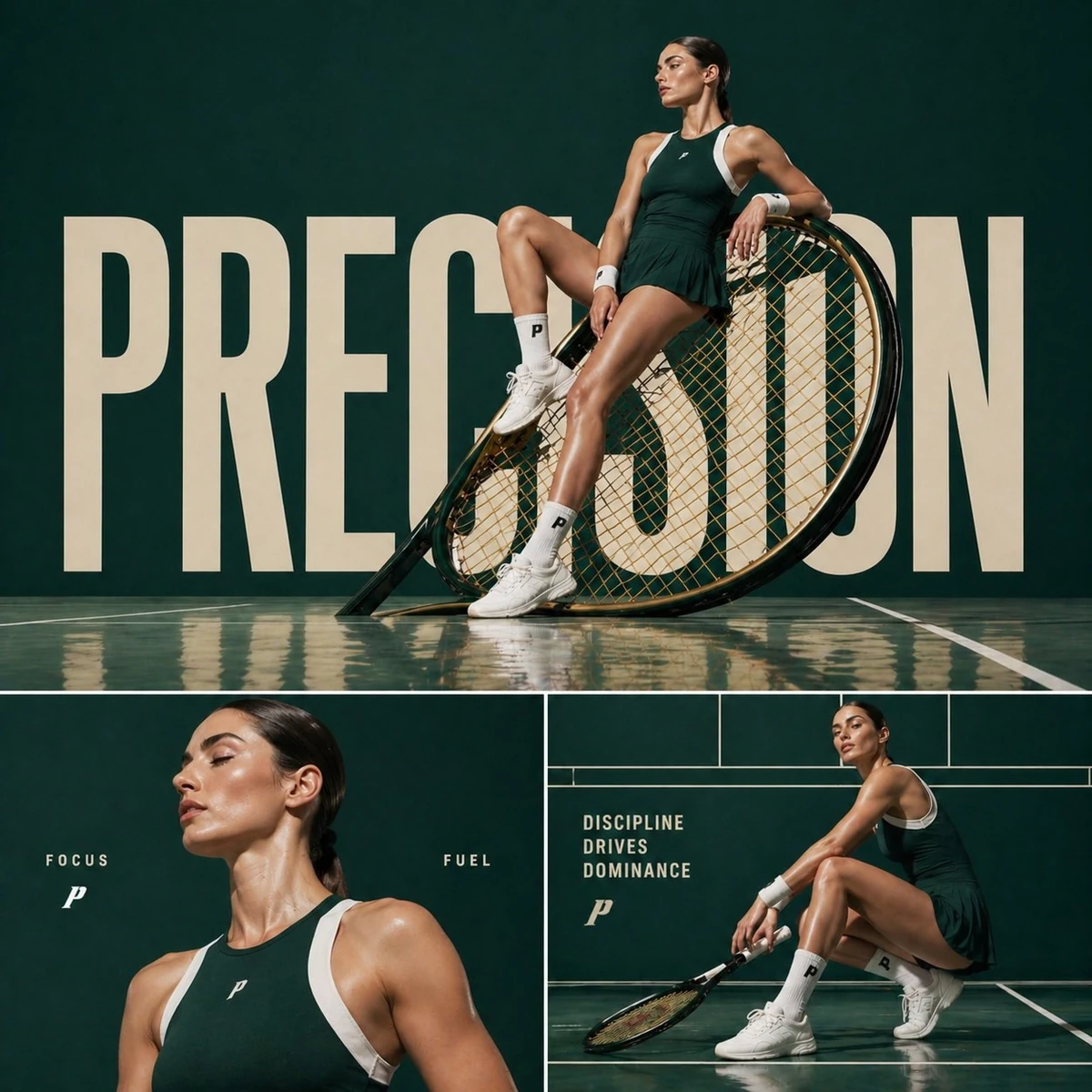 Cinematic sports fashion collage, 3-panel layout, top panel large hero sh...