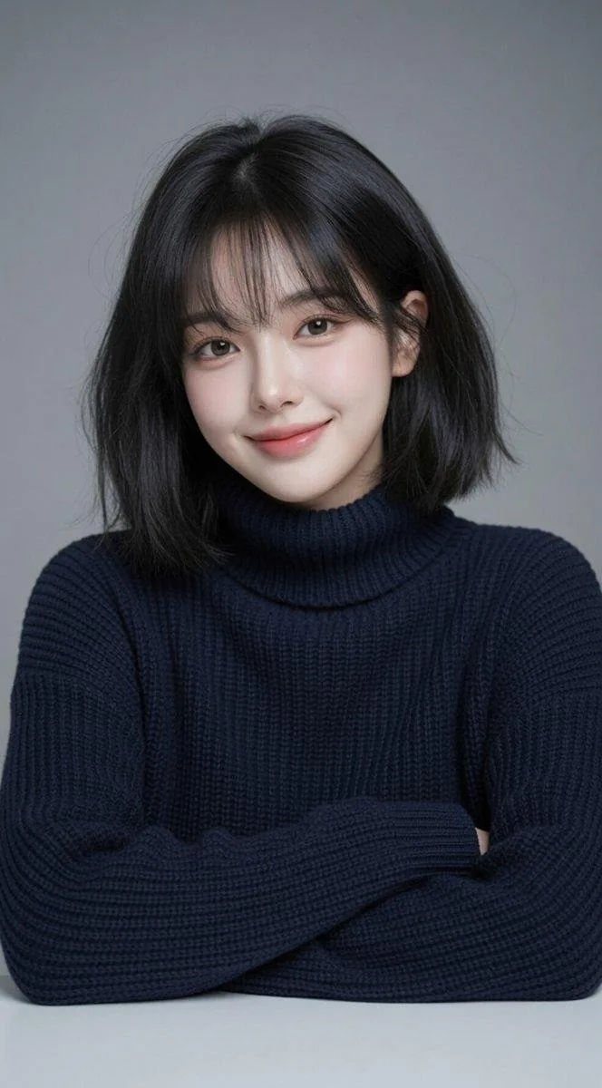 A high-quality studio portrait of a beautiful young East Asian woman with...