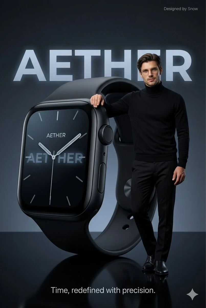 Minimalist luxury commercial ad featuring an oversized matte-black smartw...