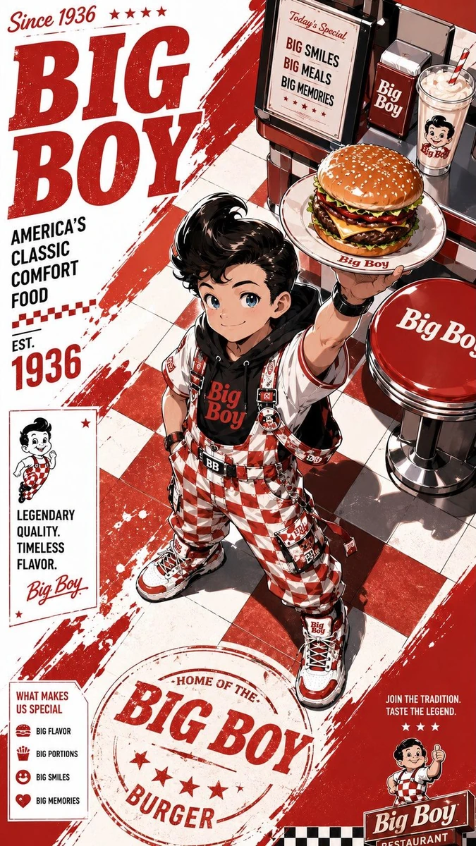 Stylized anime streetwear brand poster of a fast-food mascot character, f...