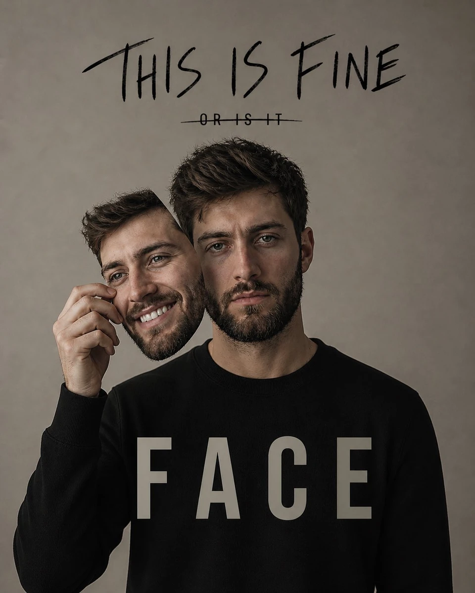 Hyper-realistic studio portrait of a young man holding his own face like...