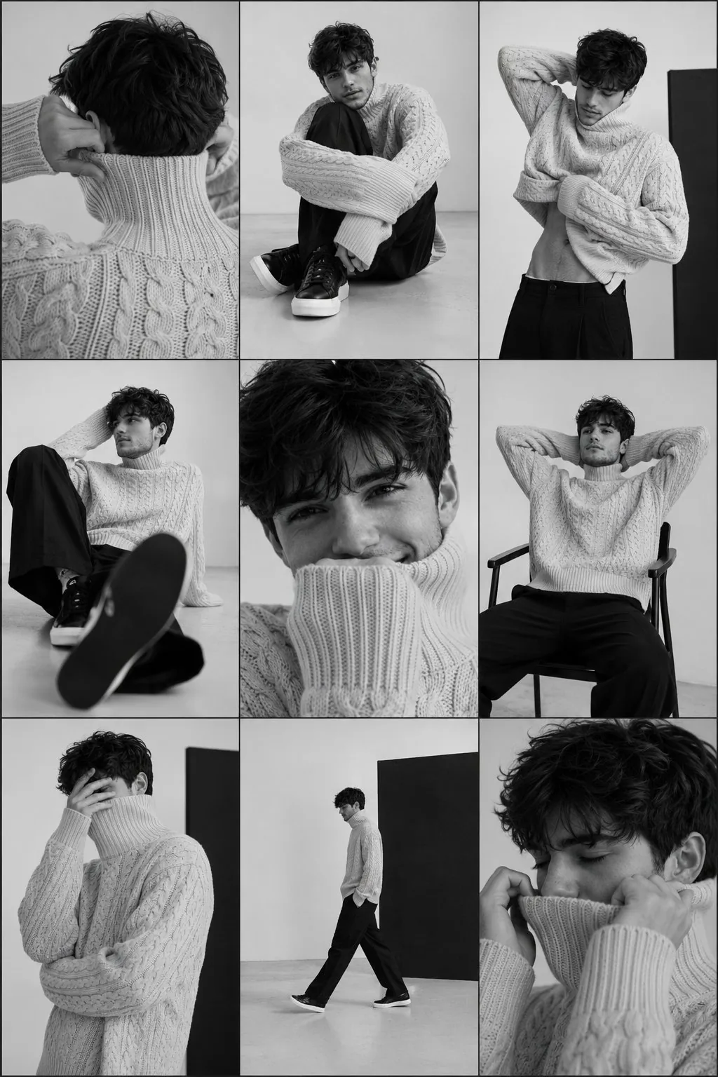 A premium minimalist black and white editorial fashion collage featuring...